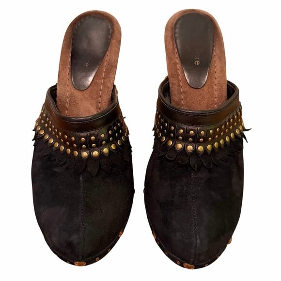 Isabella Fiore Black Suede Fringe Studded Wooden Heels Women’s Size 8 - Picture 2 of 14